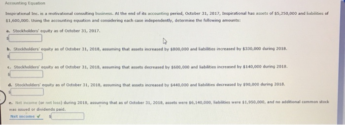 Accounting Equation Inspirational Inc. is a motivational consulting business. At the end of its accounting period, October 31, 2017, Inspirational has assets of $5,250,000 and habilities of $1,600,000. Using the accounting equation and considering each case independently, determine the following amounts: a. Stockholders equity as of October 31, 2017. b. Stockholders equity as of October 31, 2018, assum ng that assets creased by牛800,000 and liabil es increased by $330,000 dur ng 2018. . Stockholders equity as of October 31, 2018, assuming that assets decreased by $600,000 and liabilities increased by $140,000 during 2018. d. Stockholders equity as of October 31, 2018, assuming that assets increased by $440,000 and liabilities decreased by $90,000 during 2018 e. Net income (or net loss) during 2018, assuming that as of October 31, 2018, assets were $6,140,000, liabilities were $1,950,000, and no additional common stock was issued or dividends paid. Net income v