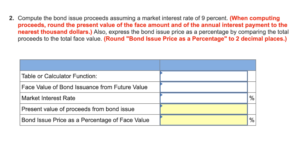 2. Compute the bond issue proceeds assuming a market interest rate of 9 percent. (When computing proceeds, round the present