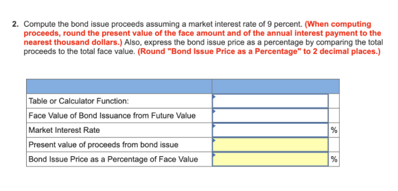 2. Compute the bond issue proceeds assuming a market interest rate of 9 percent. (When computing proceeds, round the present