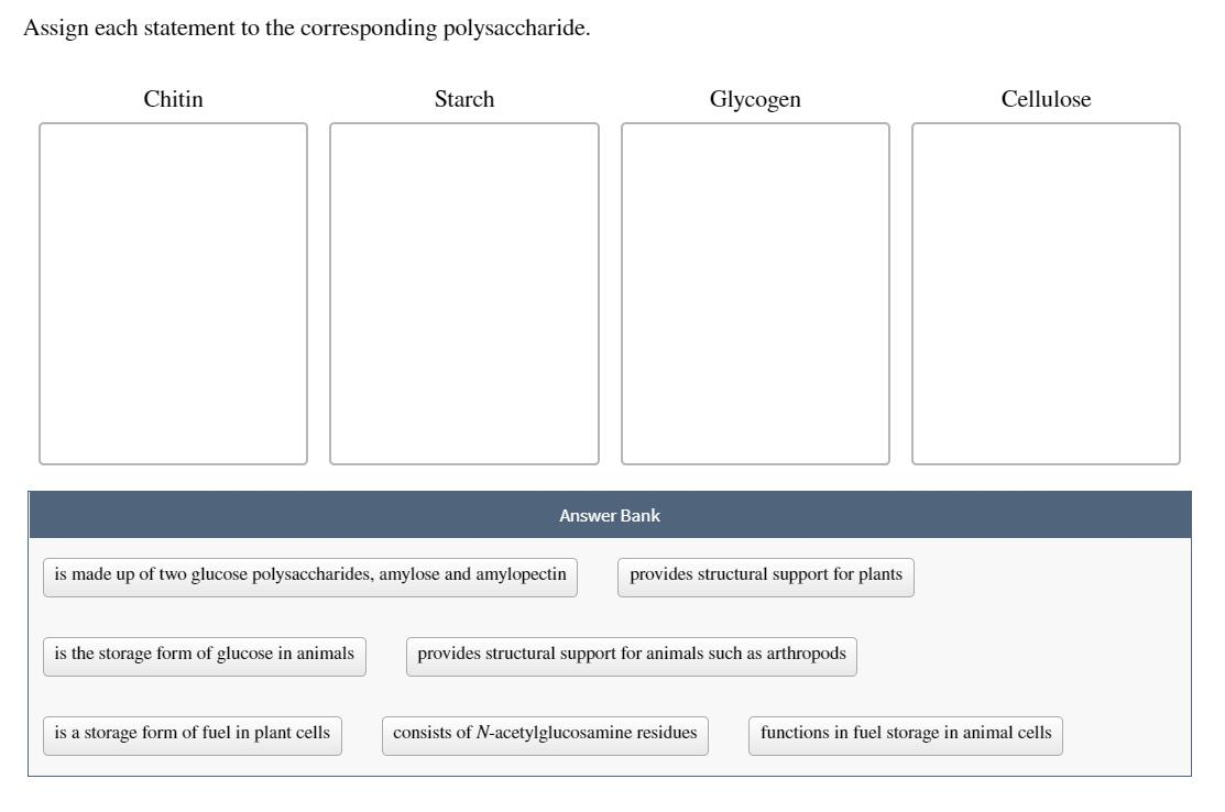 Assign each statement to the corresponding polysaccharide. Chitin Starch Glycogen Cellulose Answer Bank is made up of two glu