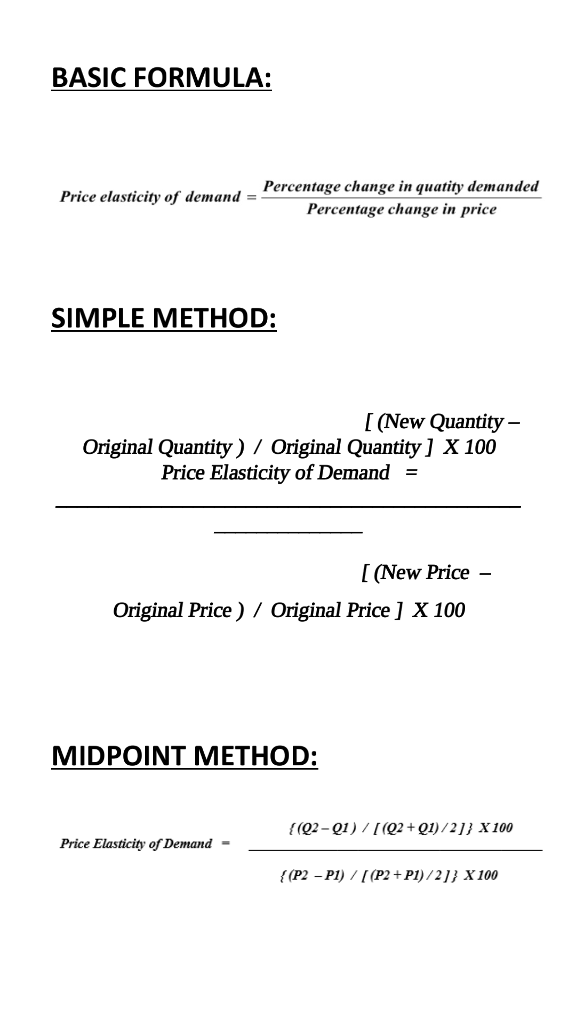 BASIC FORMULA: Percentage change in quatity demanded Percentage change in price Price elasticity of demand- SIMPLE METHOD: I (New Quantity - Original Quantity) / Original Quantity ] X 100 Price Elasticity of Demand (New Price - Original Price) / Original Price ] X 100 MIDPOINT METHOD: ((02-01)/I(0+01/211 X100 Price Elasticity of Demand- (P2 - PI) I (P2 + P1)/21 X100