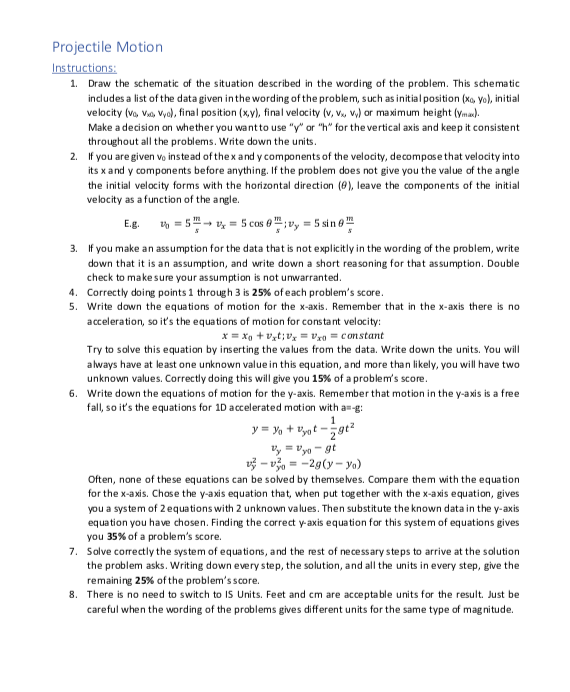 Projectile Motion Instructions 1. Draw the schematic of the situation described in the wording of the problem. This schematic