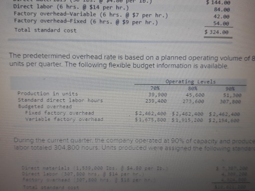 per 10.) V Direct labor (6 hrs. @ $14 per hr.) Factory overhead-Variable (6 hrs. @ $7 per hr.) Factory overhead-Fixed (6 hrs.