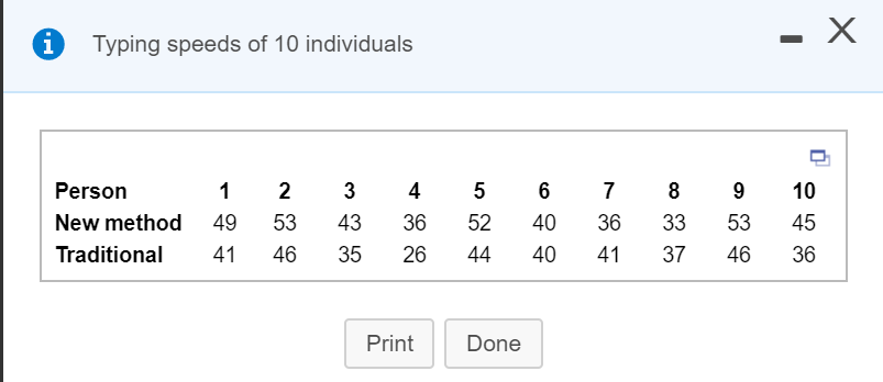 A Typing speeds of 10 individuals Person New method Traditional 1 49 41 2 53 46 3 43 35 4 36 26 5 52 44 6 40 40 7 36 41 8 33