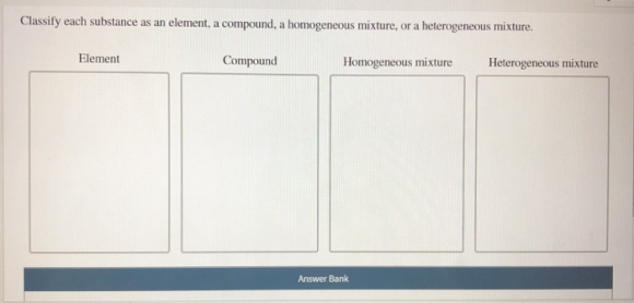 Classify each substance as an element, a compound, a homogeneous mixture, or a heterogeneous mixture. Element Compound Homoge
