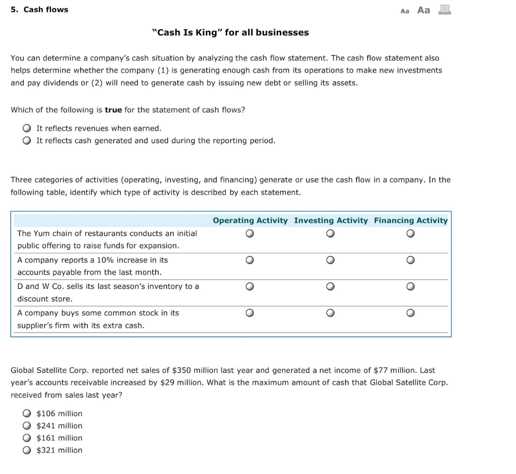 5. Cash flows Cash Is King for all businesses You can determine a companys cash situation by analyzing the cash flow state