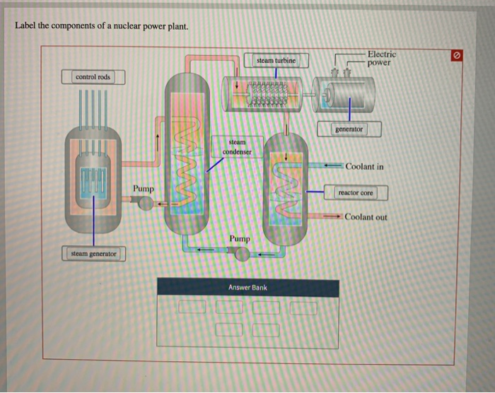 Label the components of a nuclear power plant Electric power steam turbine control rods generator tearm condenser Coolant in Pump reactor core Coolant out Pump steam generator Answer Bank