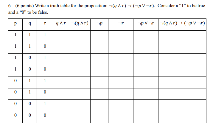 6-(6 points) Write a truth table for the proposition: -(qAr) - (-PV-r). Consider a “l” to be true and a “O” to be false. p 9