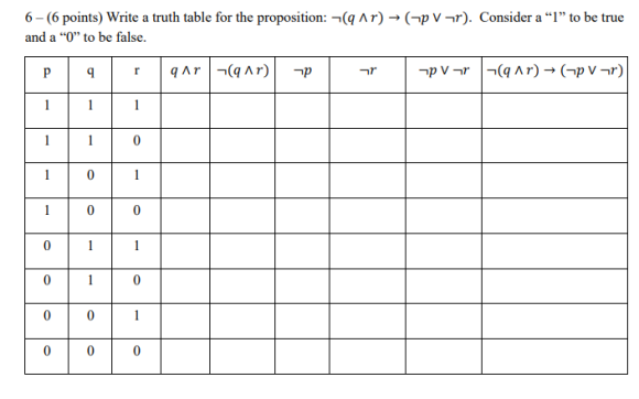 6-(6 points) Write a truth table for the proposition: -(qAr) - (-PV-r). Consider a “l” to be true and a “O” to be false. p 9