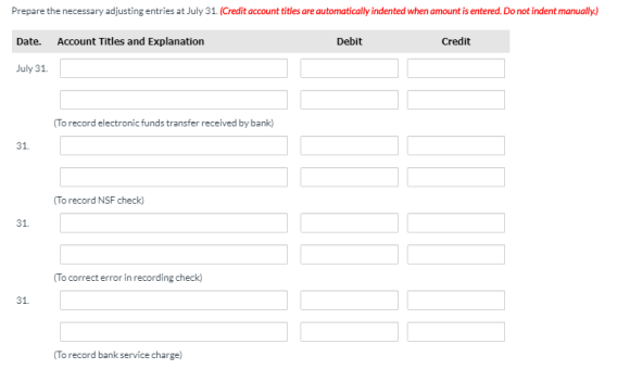 Prepare the necessary adjusting entries at July 31. (Credit account titles are automatically indented when amount is entered.