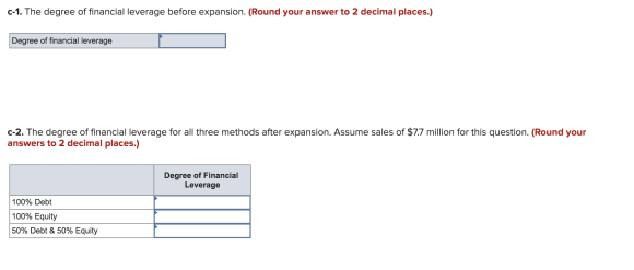 C-1. The degree of financial leverage before expansion. (Round your answer to 2 decimal places.) Degree of financial leverage