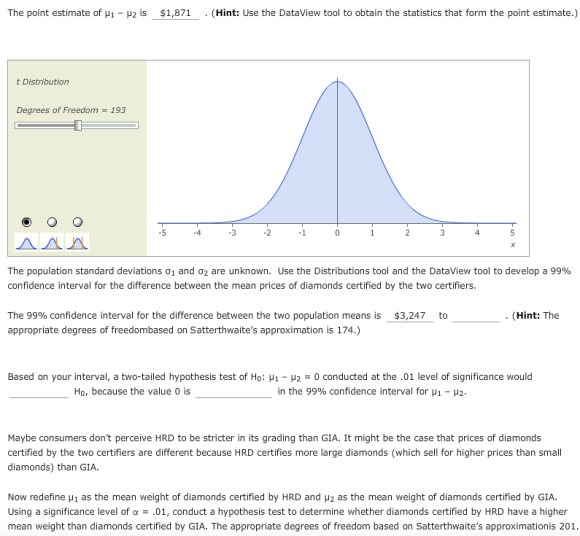 The point estimate of μ1-μ2 is $1,871 . (Hint: Use the DataView tool to obtain the statistics that form the point estimate.)