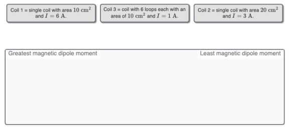 Coil 1 = single coil with area 10 cm? and I = 6 A Coil 3 = coil with 6 loops each with an area of 10 cm² and I = 1 A. Coil 2