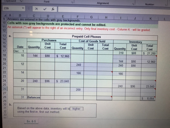 pboard Alignment Number 226 x fx A B C D E F G 9 Answers are entered in the cells with gray backgrounds. 10 Cells with non-gr