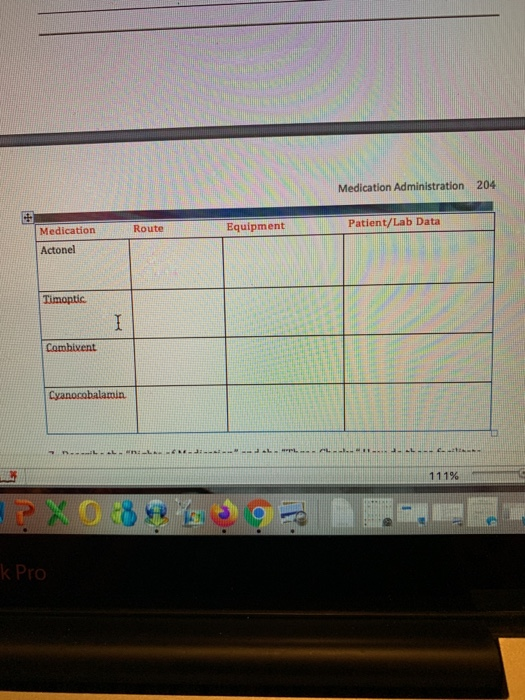 w Medication Administration 204 Route Equipment Patient/Lab Data Medication Actonel Timoptic Combivent Cyanocobalamin ... . .