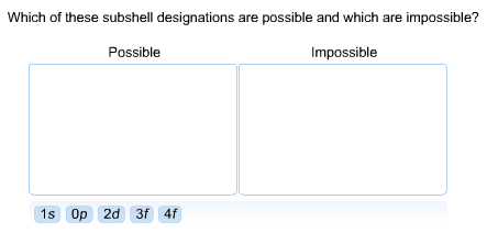 Which of these subshell designations are possible and which are impossible? Possible Impossible 1s 0p 2d 3f 4f