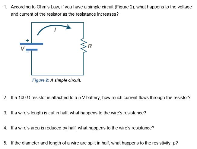 1. According to Ohms Law, if you have a simple circuit (Figure 2), what happens to the voltage and current of the resistor as the resistance increases? Figure 2: A simple circuit. 2. If a 100 resistor is attached to a 5Vbattery, how much current flows through the resistor? 3. If a wires length is cut in half, what happens to the wires resistance? 4 f a wires area is reduced by half what happens to the wires resistance? 5. f the diameter and length of a wire are split in half, what happens to the resistivity, p?