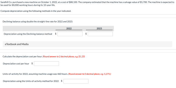Sandhill Co. purchased a new machine on October 1, 2022, at a cost of $88,100. The company estimated that the machine has a s