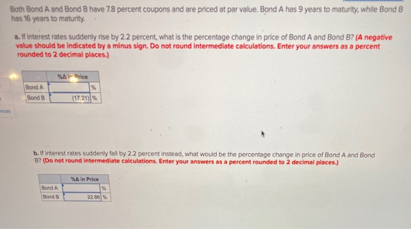 Both Bond A and Bond B have 7.8 percent coupons and are priced at par value. Bond A has 9 years to maturity, while Bond B has