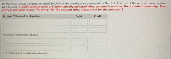 On March 6, Sensat Company returned $90,000 of the merchandise purchased on March 2. The cost of the returned merchandise was