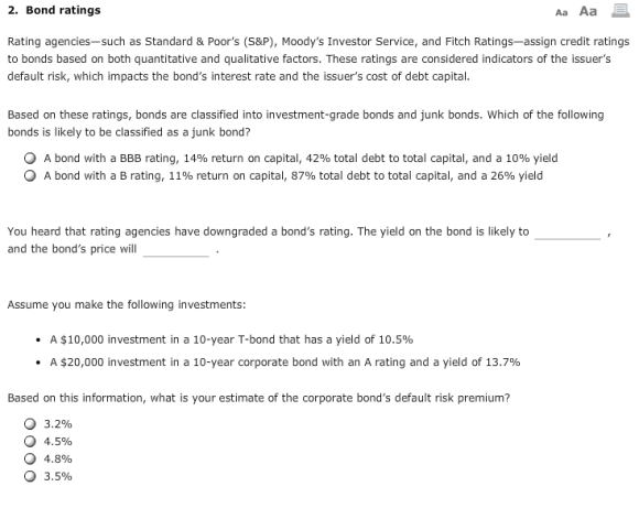 Image for 2. Bond ratings Aa Aa Rating agencies?such as Standard & Poor's (S&P), Moody's Investor Service, and Fitch Ra