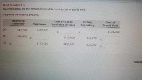 Brief Exercise 5-1 Presented below are the components in determining cost of goods sold. Determine the missing amounts. Beginning Inventory Cost of Goods Available for Sale Ending Inventory Cost of Goods Sold Purchases $84,700 $102,700 $116,000 $54,400 $113,000 $33,200 (c) s $112,000 $153,000 $29,200$ Quest