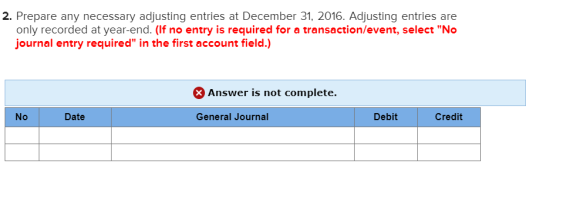 2. Prepare any necessary adjusting entries at December 31, 2016. Adjusting entries are only recorded at year-end. (If no entr