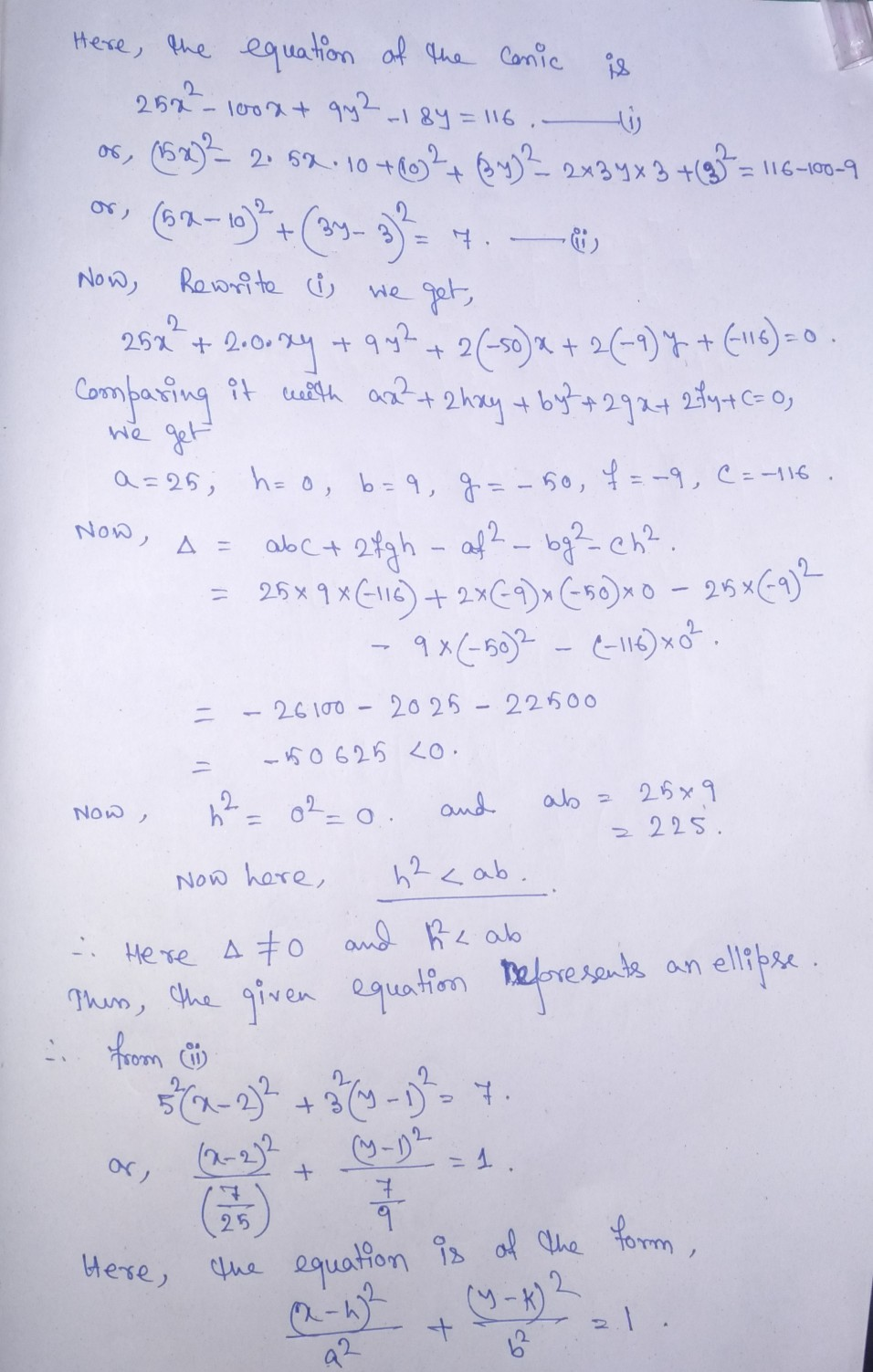 The Conic Equation 25 X 2 100 X 9 Y 2 18 Y Wizedu