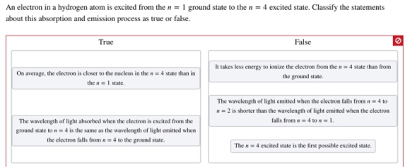 An electron in a hydrogen atom is excited from the n = 1 ground state to the n = 4 excited state. Classify the statements abo