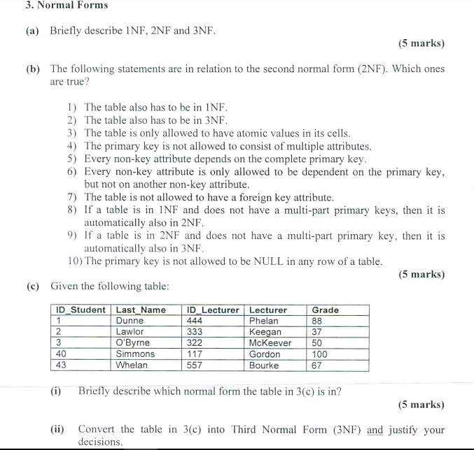 3. Normal Forms (a) Briefly describe 1NF, 2NF and 3NHF (5 marks) The following statements are in relation to the second norma