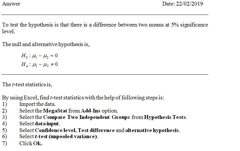 Hypothesis Test: Difference Between Means Sample A: 35 Observations ...