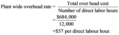 Total over head cost
Plant wide overhead rate ==
Number of direct labor hours
$684,000
12,000
=$57 per direct labour hour.
