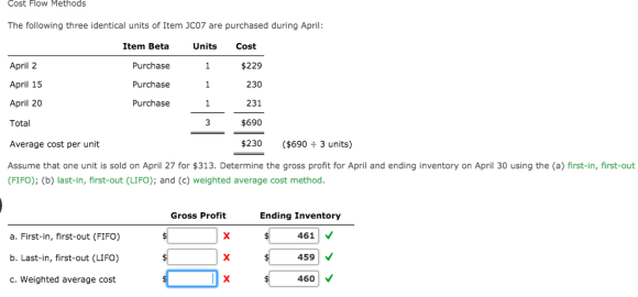 Cost Flow Methods The following three identical units of Item JC07 are purchased during April: Item Beta Units Cost April 2 P