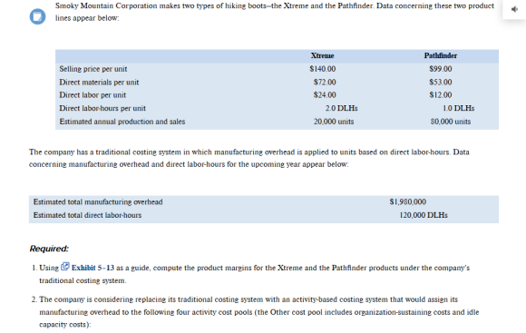 Smoky Mountain Corporation makes two types of hiking boots-the Xtreme and the Pathfinder. Data concerning these two product l