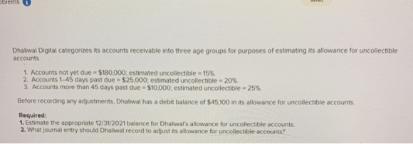 oblems Dhaliwal Digital categorizes its accounts receivable into three age groups for purposes of estimating its allowance fo
