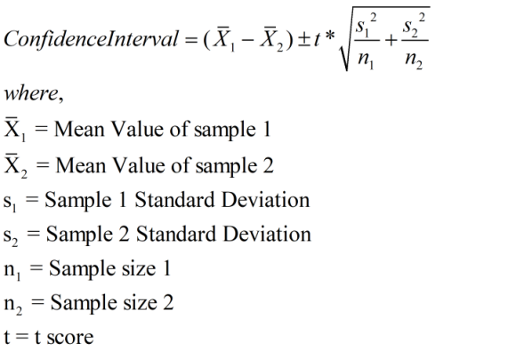 2 S, 2 S ConfidenceInterval = (-1* + ni n2 where, X, = Mean Value of sample 1 X, = Mean Value of sample 2 s, = Sample 1 Stand