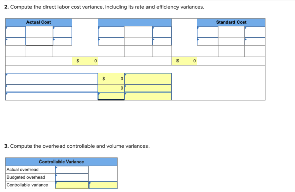 2. Compute the direct labor cost variance, including its rate and efficiency variances. Actual Cost Standard Cost $ 0 $ 0 3.