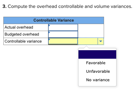 3. Compute the overhead controllable and volume variances. Controllable Variance Actual overhead Budgeted overhead Controllab