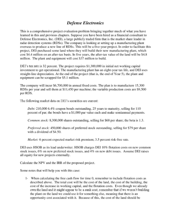 Defense Electronics This is a comprehensive project evaluation problem bringing together much of what you have learned in thi