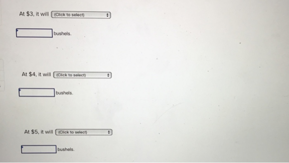 At $3, it will (Click to select) O bushels. At $4, it will (Click to select) O bushels. At $5, it will (Click to select) bush