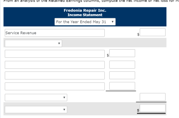 From an analysis of the Retained Earnings mns, commpute the net income or het 1oss for Fredonia Repair Inc. Income Statement