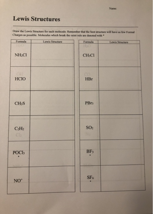 Lewis Structures Draw the Lewis Structure for each molecule. Remember that the best structure will have a few Formal Charges