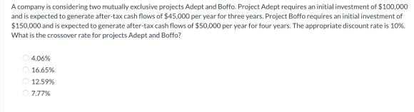 A company is considering two mutually exclusive projects Adept and Boffo. Project Adept requires an initial investment of $10
