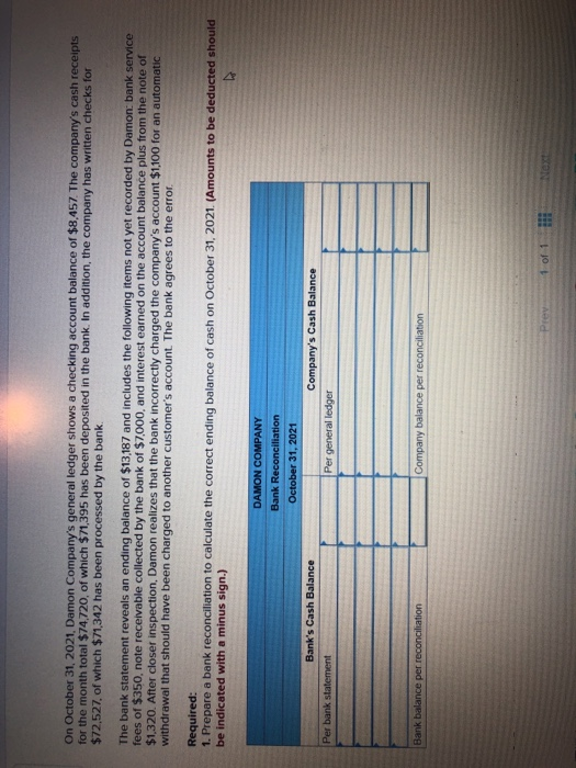 On October 31, 2021. Damon Companys general ledger shows a checking account balance of $8.457 The companys cash receipts fo