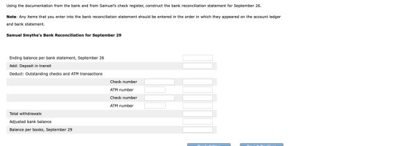 Using the documentation from the bank and from Samuels check register, construct the bank reconciliation statement for Septe