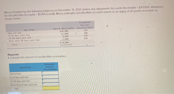 Mercy Hospital has the following balances on December 31, 2021, before any adjustment Accounts Receivable = $70,000; Allowanc