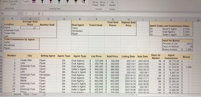 Select Draw with Touch Ink to Ink to Shape Math Ink Replay Replay input Mode Drawing Tools Convert B2 С D E F 1 J M G Total S