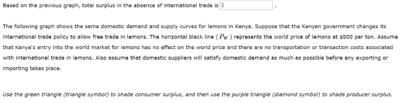 Based on the previous graph, total surplus in the absence of international trade is $ The following graph shows the same domestic demand and supply curves for lemons in Kenya. Suppose that the Kenyan government changes its nternational trade policy to allow free trade in lemons. The horizontal black line (Pw) represents the world price of lemons at $800 per ton. Assume that Kenyas entry into the world market for lemons has no effect on the world price and there are no transportation or transaction costs associated with international trade in lemons. Also assume that domestic suppliers will satisfy domestic demand as much as possible before any exporting or importing takes place Use the green triangle (triangle symbol) to shade consumer surplus, and then use the purple triangle (diamond symbol) to shade producer surplus.