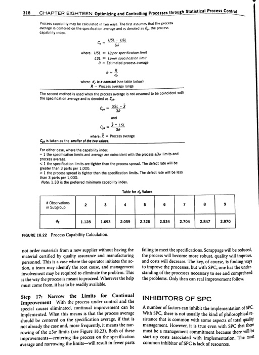 318 CHAPTER EIGHTEEN Optimizing and Controlling Processes through Statistical Process Control Process capability may be cakul