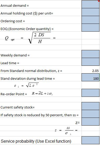 Annual demand = Annual holding cost ($) per units Ordering cost = EOQ (Economic Order quantity) = 2 DS H = our Weekly demand